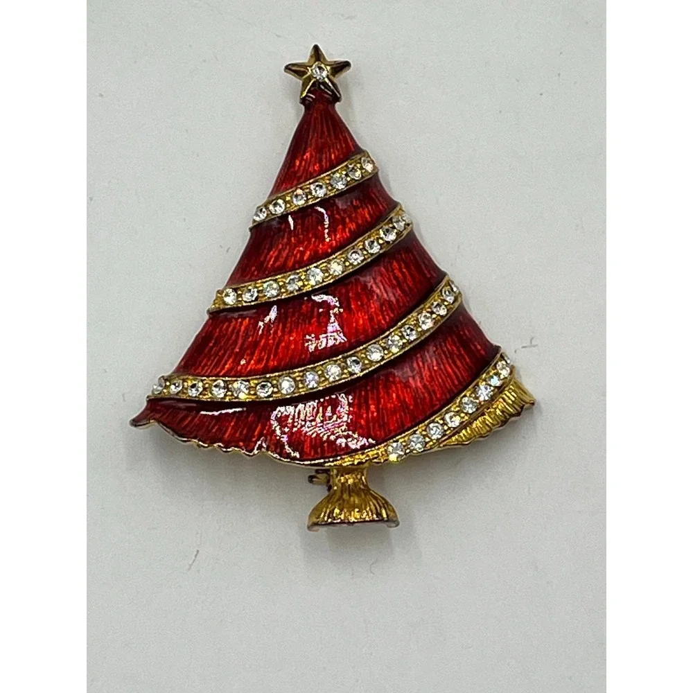 Eisenberg Ice Vintage Christmas tree Red Gloss Enamel‎ Xmas Rhinestone Brooch